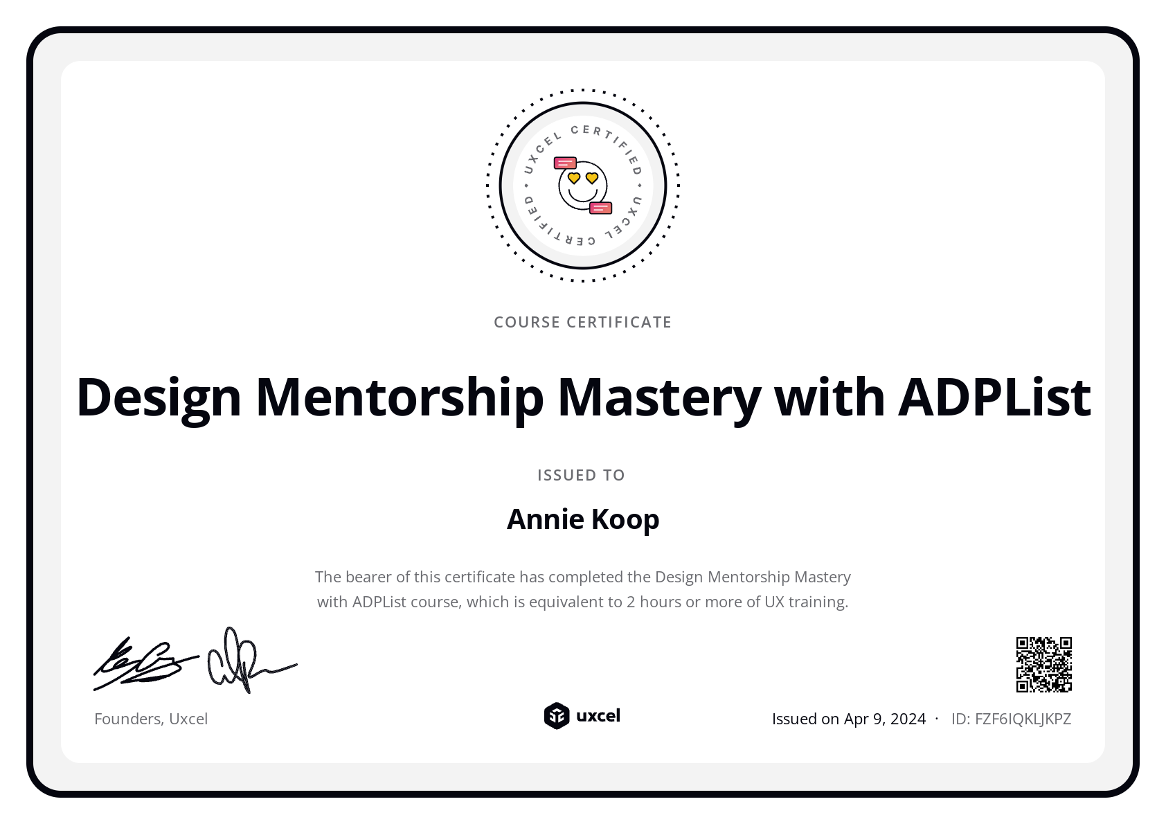 Annie Koop's certificate